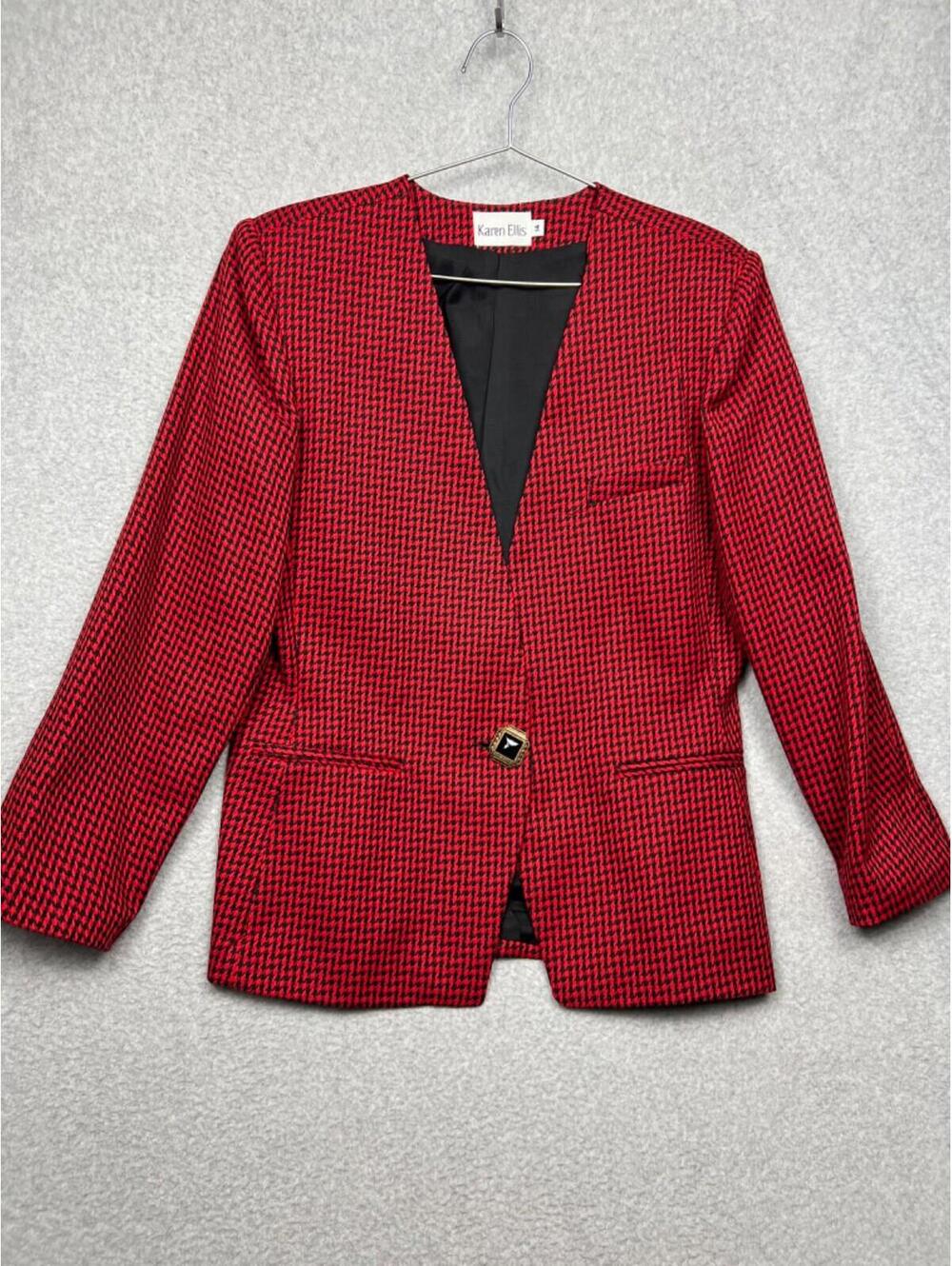 Vintage Karen Ellis Womens Houndstooth Plaid Blazer 14 Jacket Jewel Red black